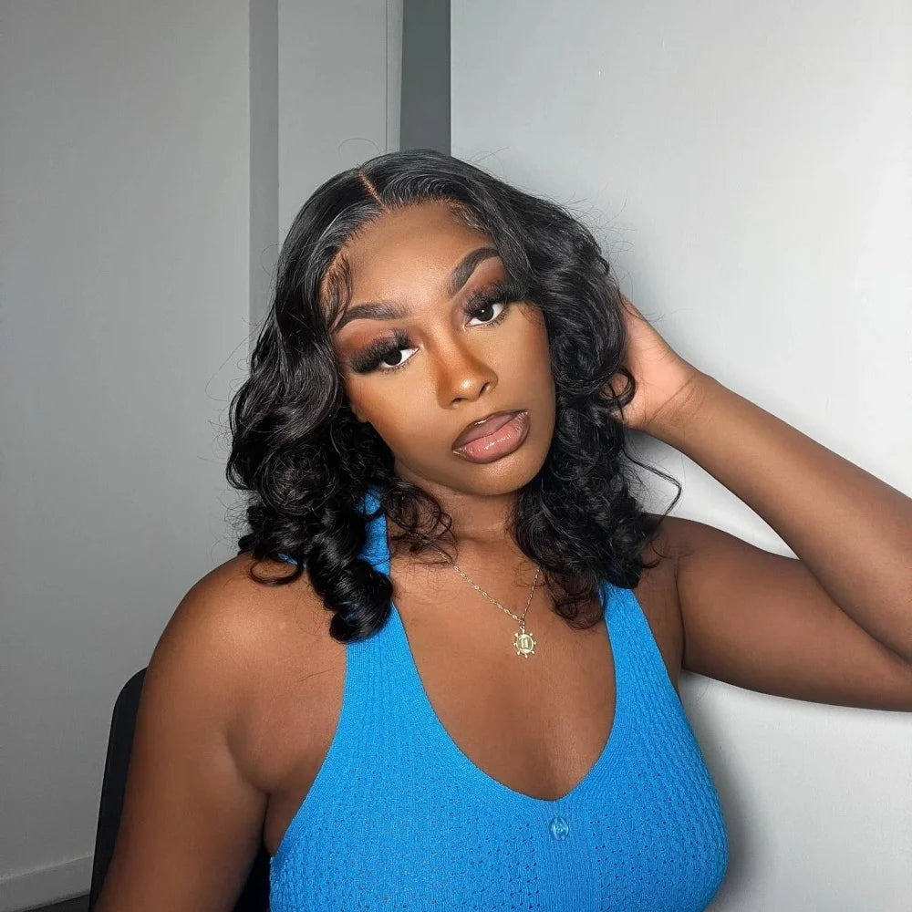 Black Body Wave Bob 13x4 Lace Front Wig (4x4 Closure Option) – 100% Human Hair, Pre-Plucked, Transparent Lace