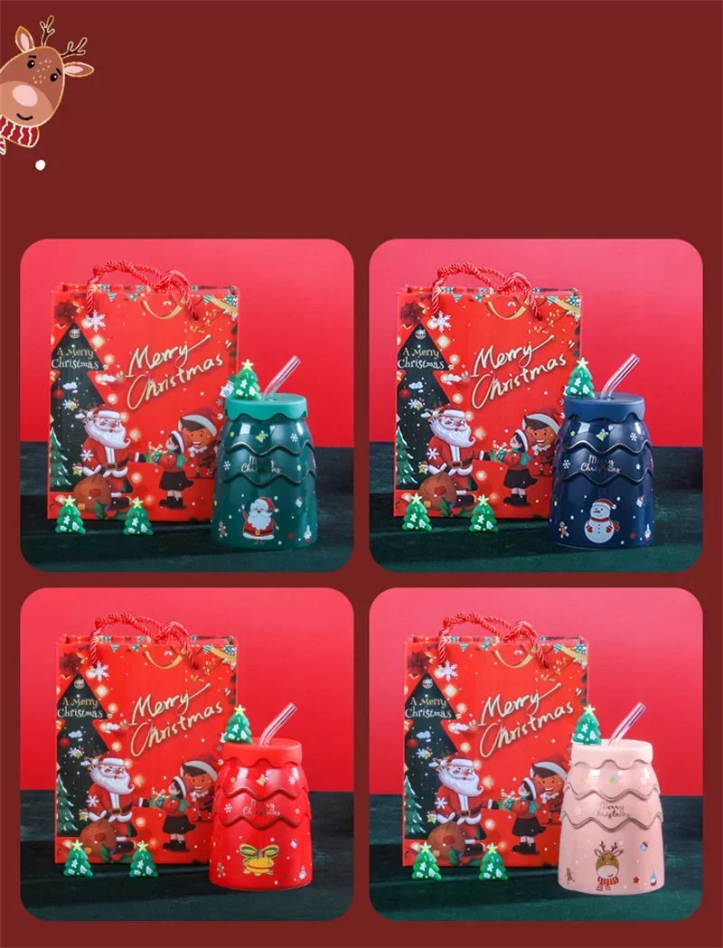 🎅 Christmas Ceramic Mug with Lid & Straw – Santa, Snowman & Tree Design Gift Cup
