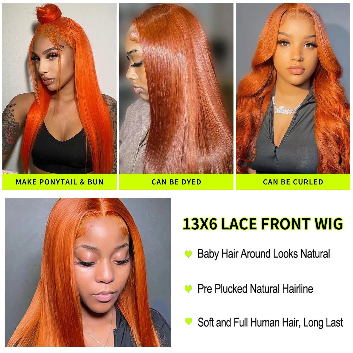 Ginger Orange 13x6 HD Lace Front Human Hair Wig – 30 inch, 200 Density, Straight, Pre-Plucked Natural Hairline