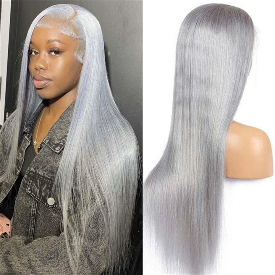 Transparent 13x6 Silver Grey Body Wave Human Hair Lace Front Wig – Pre-Plucked, 250–300% Density, Long Remy Brazilian Hair