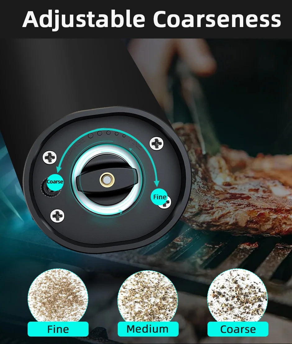 Electric Automatic Salt & Pepper Grinder Set with Base – Battery Powered, LED Light & Adjustable Coarseness