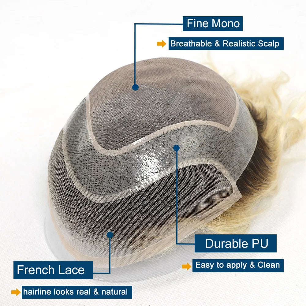 Men's Blonde Human Hair Toupee – Straight, Lace & PU Base, 8x10