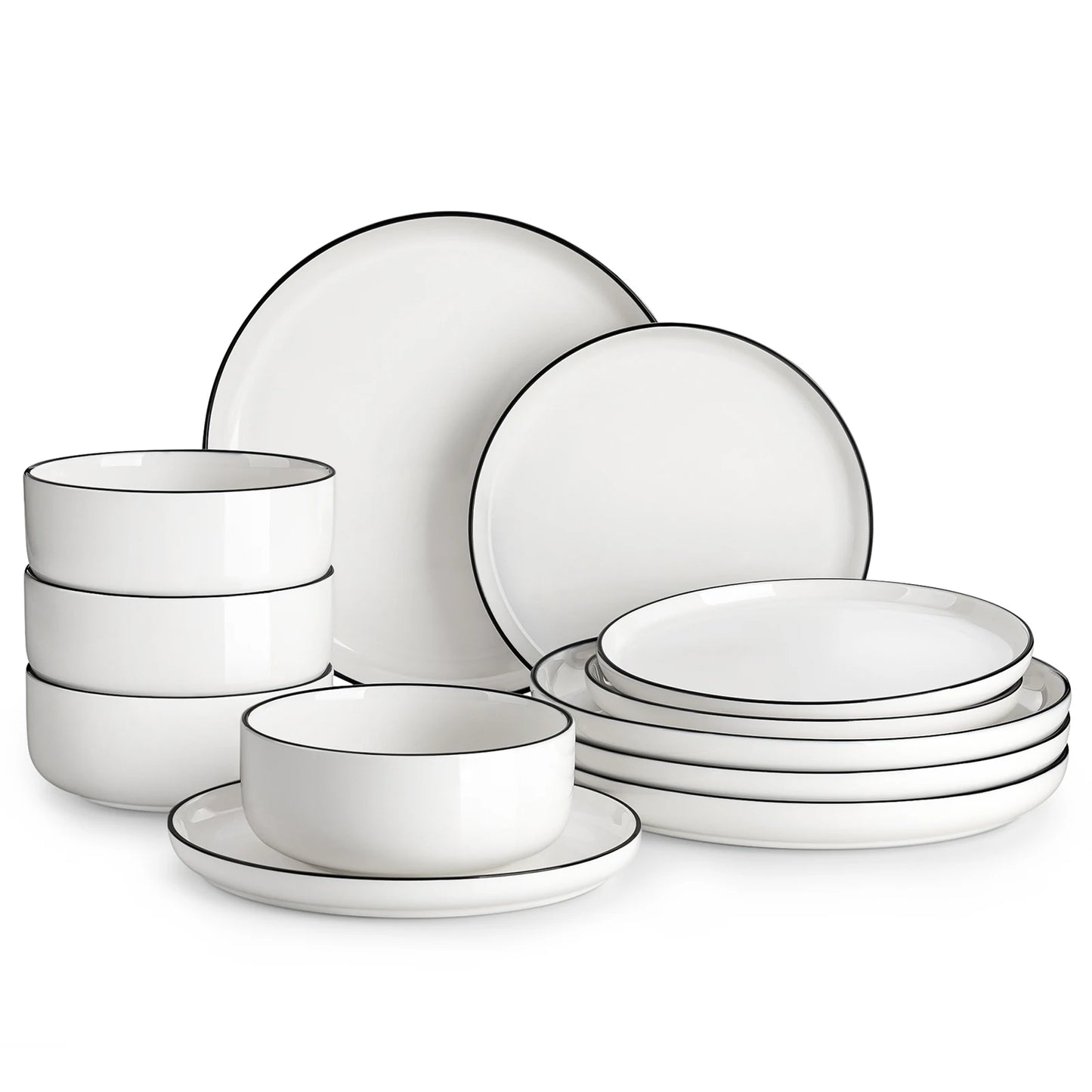 MALACASA 12/24-Piece Porcelain Dinnerware Set – Black Rim Ceramic Plates & Bowls for 4 Person Dining