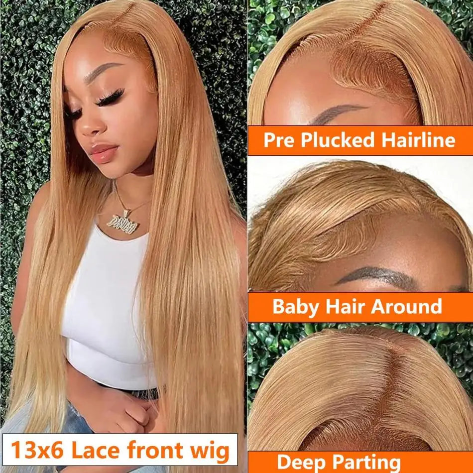 #27 Honey Blonde Straight HD Lace Front Human Hair Wig | Transparent Lace 13x6 / 13x4 Pre-Plucked (30–34 Inch)