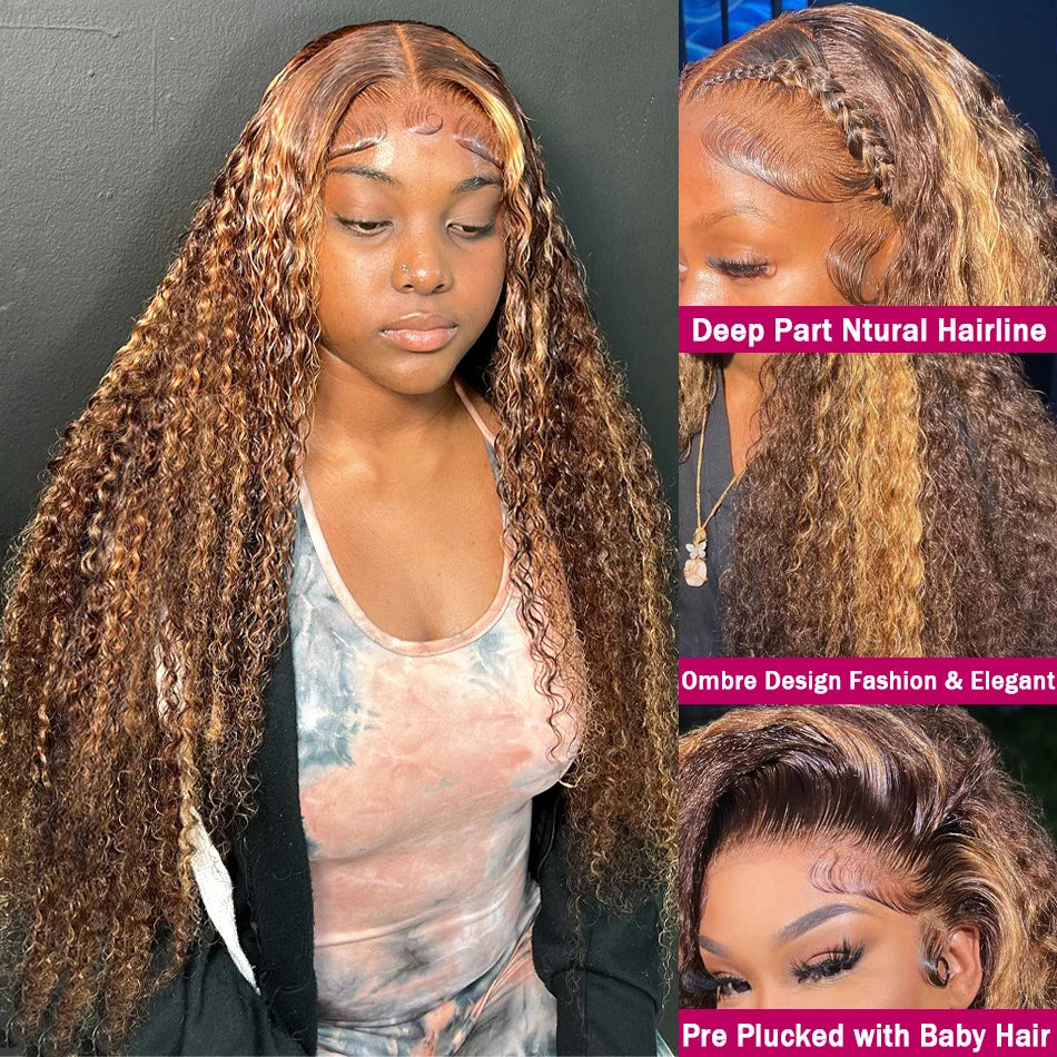 Highlight Curly 13x6 HD Lace Frontal Wig – P4/27 & 1B30 Ombre Deep Wave Human Hair (30–36 inch)