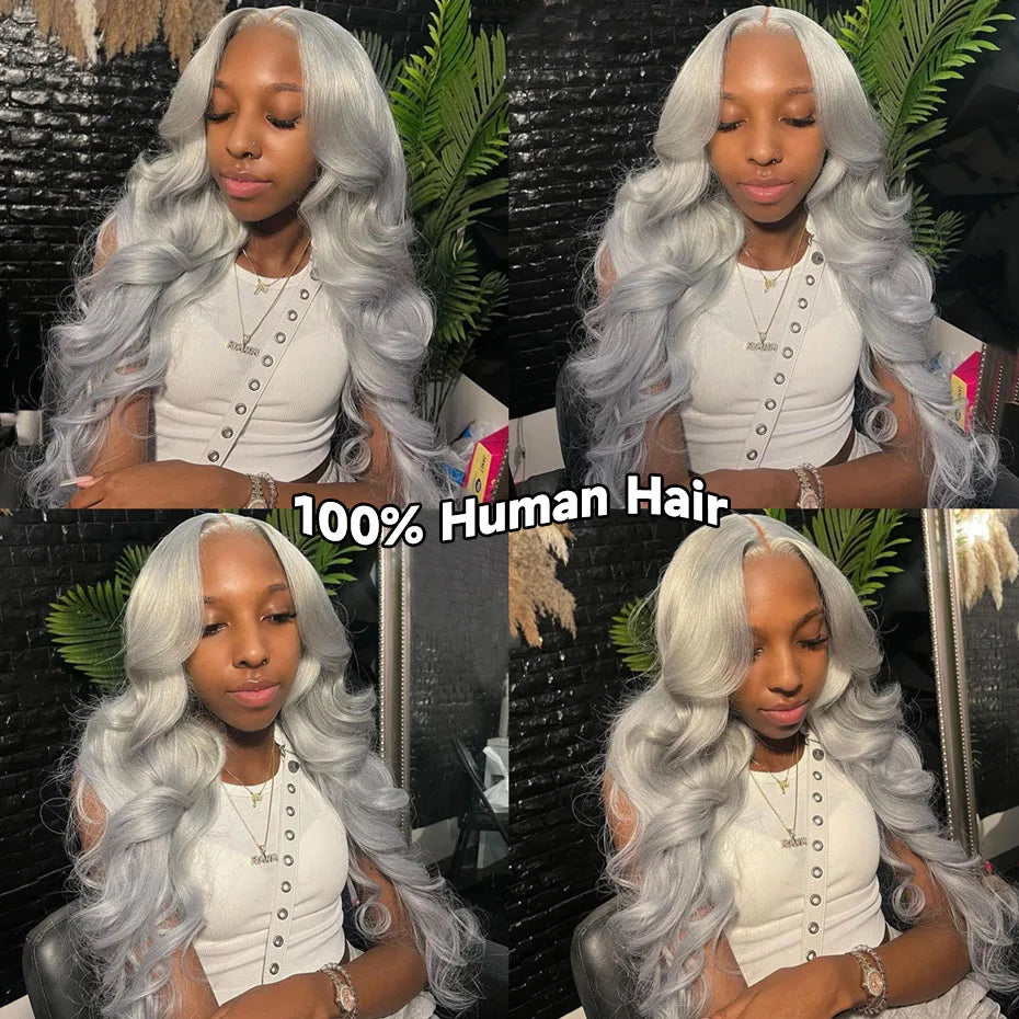 Transparent 13x6 Silver Grey Body Wave Human Hair Lace Front Wig – Pre-Plucked, 250–300% Density, Long Remy Brazilian Hair