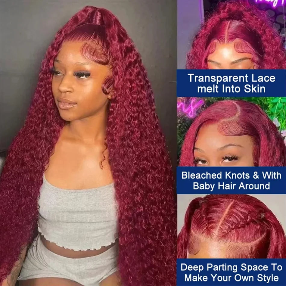 99J Burgundy Deep Wave HD Lace Front Wig – 13x6 & 13x4 Human Hair Frontal, Long Curly Red Wig