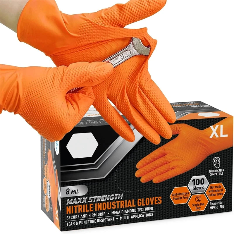 Heavy Duty 8Mil Orange Nitrile Gloves – Industrial Disposable Work Gloves with Diamond Grip for Mechanics & Cleaningg