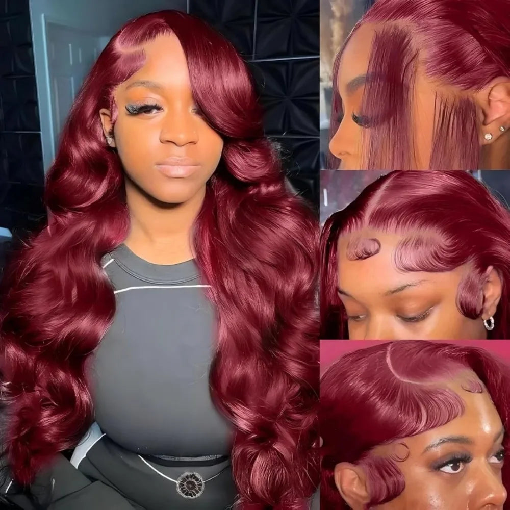 CanaryFly 99J Burgundy 13x6 HD Transparent Lace Frontal Body Wave Human Hair Wig (Pre-Plucked)