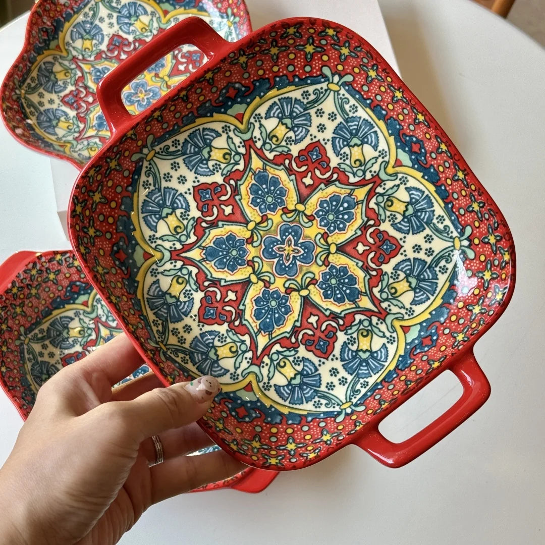 Bohemian Ceramic Plate Set – Double-Eared Fish Plates & High-Value Salad Dish for Home Dining and Cooking