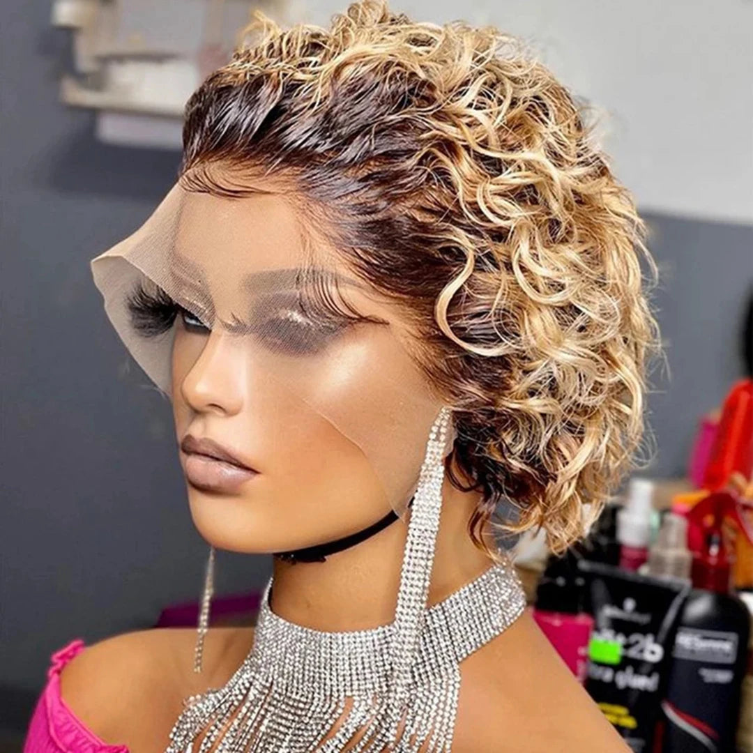 99J Burgundy Highlight Short Curly Pixie Cut Human Hair Lace Front Wig – Pre-Plucked 13×2 Bob Style