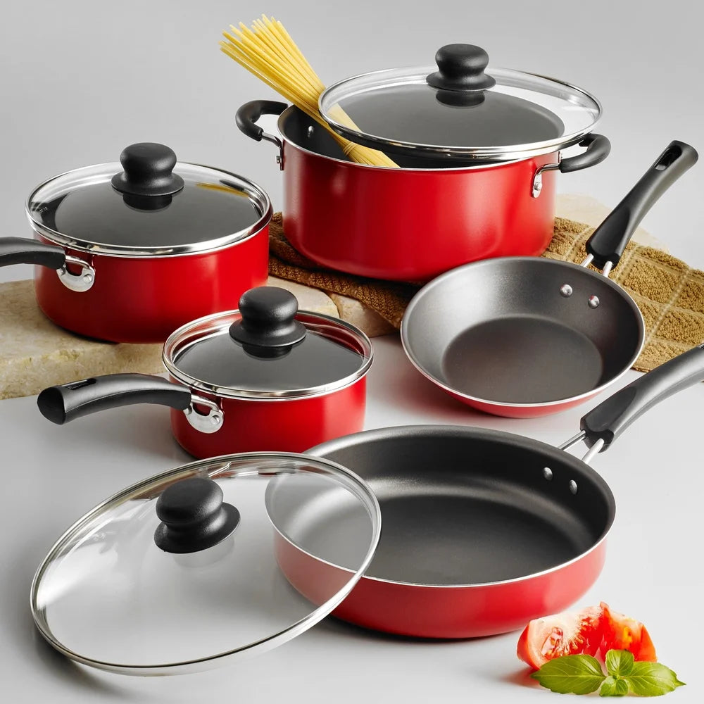 9-Piece Nonstick Cookware Set – Easy Clean Aluminum Pots & Pans with Tempered Glass Lids, Stackable Design for Everyday Cooking