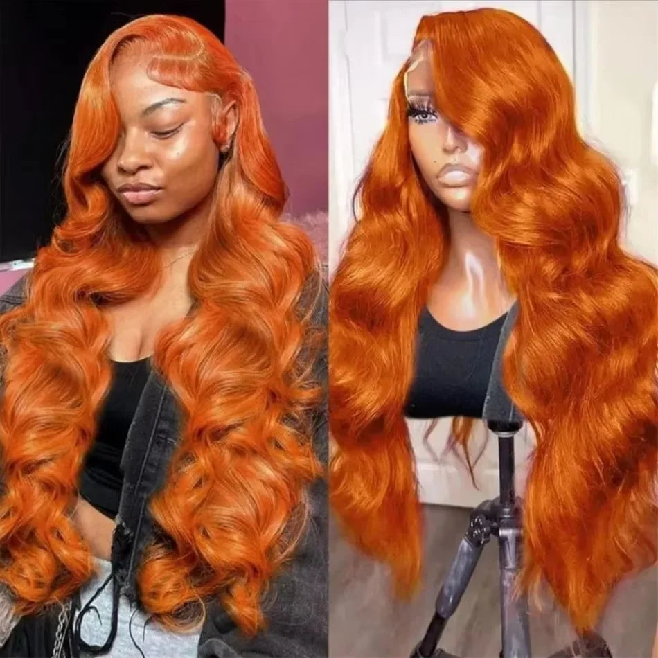 Ginger Orange 13x6 HD Lace Front Body Wave Human Hair Wig (30") – 200% Density, Pre-Plucked Hairline
