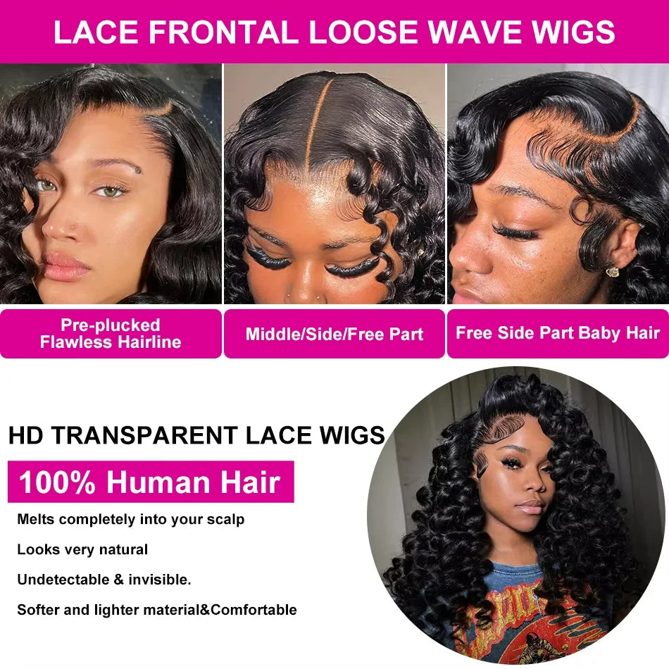 200% Density Loose Wave 13x6 HD Lace Front Wig (13x4 Option) – Brazilian Remy Human Hair, 30–40 Inch