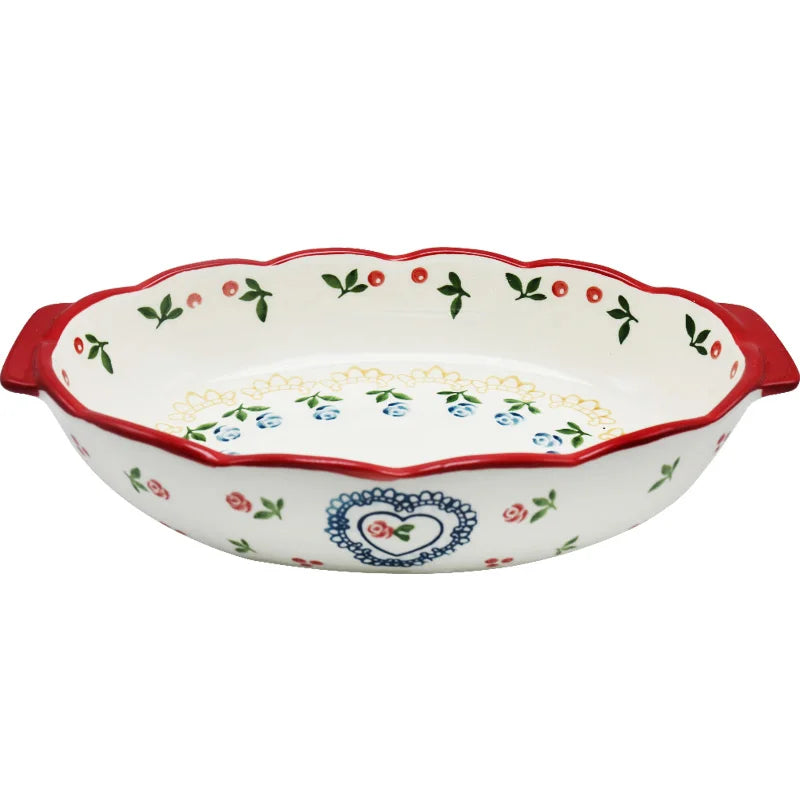 Red Cherry Ceramic Baking Dish – European Style Oval Dinner Plate & Ovenware Tray for Pasta, Chicken, and Desserts