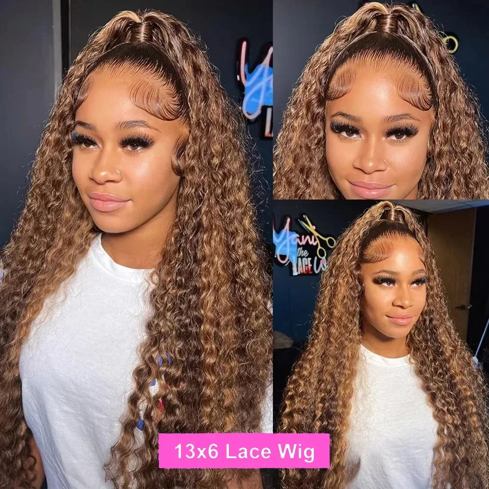 4/27 Honey Blonde Ombre Curly Human Hair Wig (38 Inch, 13x6 HD Lace Front / 13x4 Deep Wave)