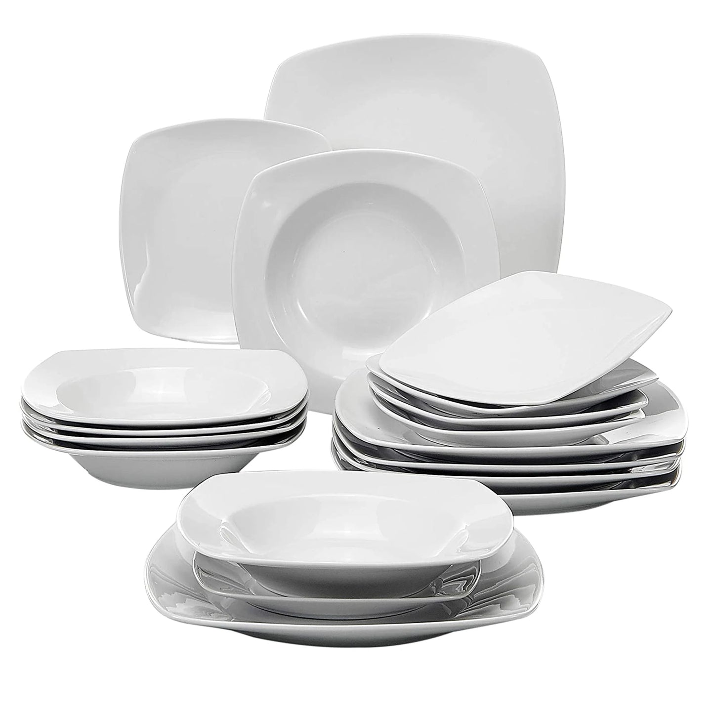 MALACASA JULIA 18-Piece Porcelain Dinnerware Set | 6-Person Modern White Ceramic Plates – Dinner, Soup & Dessert Set