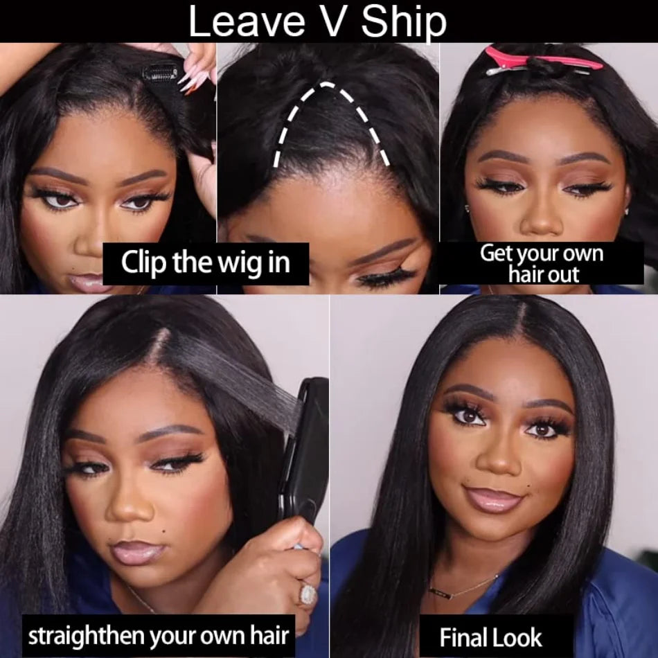 Glueless V Part Straight Human Hair Wig (220% Density, Natural Black, Beginner Friendly, No Leave Out)