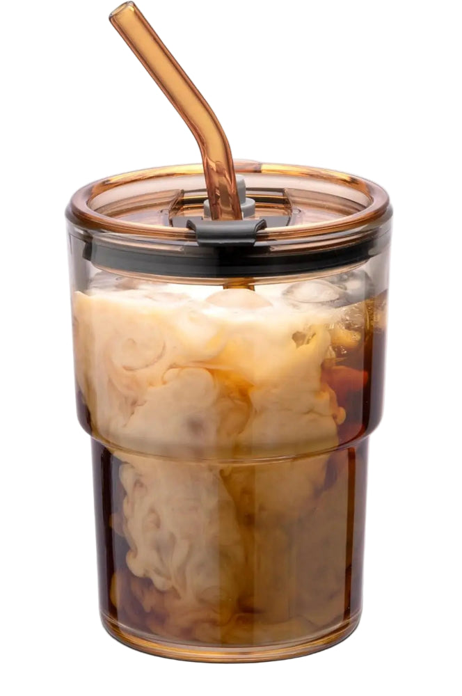 🥤 13oz/400ml Insulated Glass Tumbler with Lid & Straw – Leakproof Iced Coffee Cup