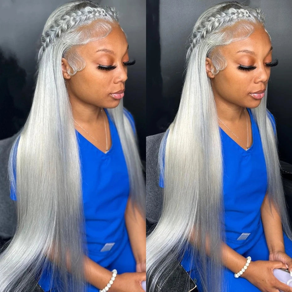 Transparent 13x6 Silver Grey Body Wave Human Hair Lace Front Wig – Pre-Plucked, 250–300% Density, Long Remy Brazilian Hair