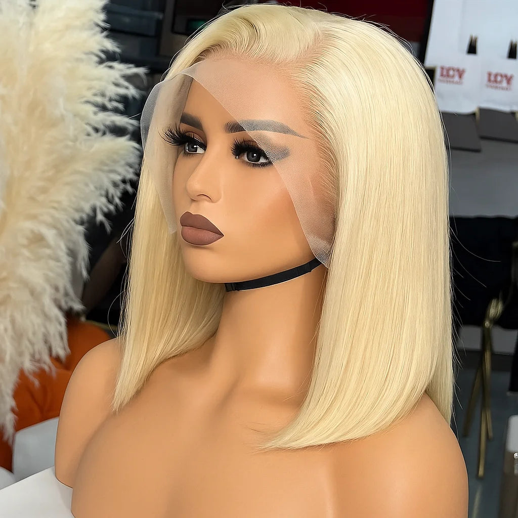 13x4 Blonde HD Transparent Lace Front Wig – 613 Short Straight Bob Human Hair Wig for Women