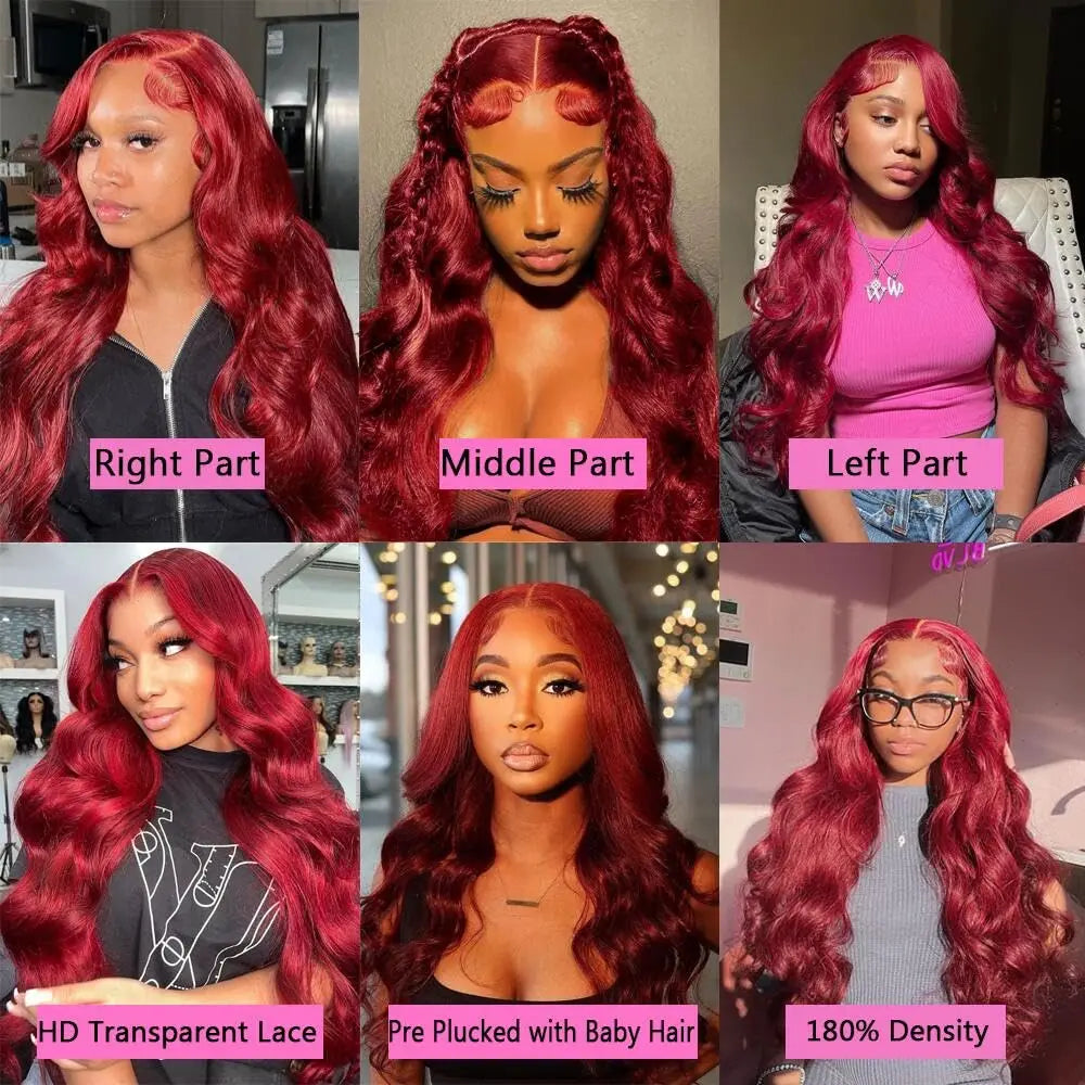 CanaryFly 99J Burgundy 13x6 HD Transparent Lace Frontal Body Wave Human Hair Wig (Pre-Plucked)