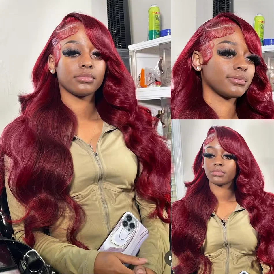 99J Burgundy Body Wave Lace Front Human Hair Wig – 200% Density, 13x4 / 13x6 HD Transparent Lace