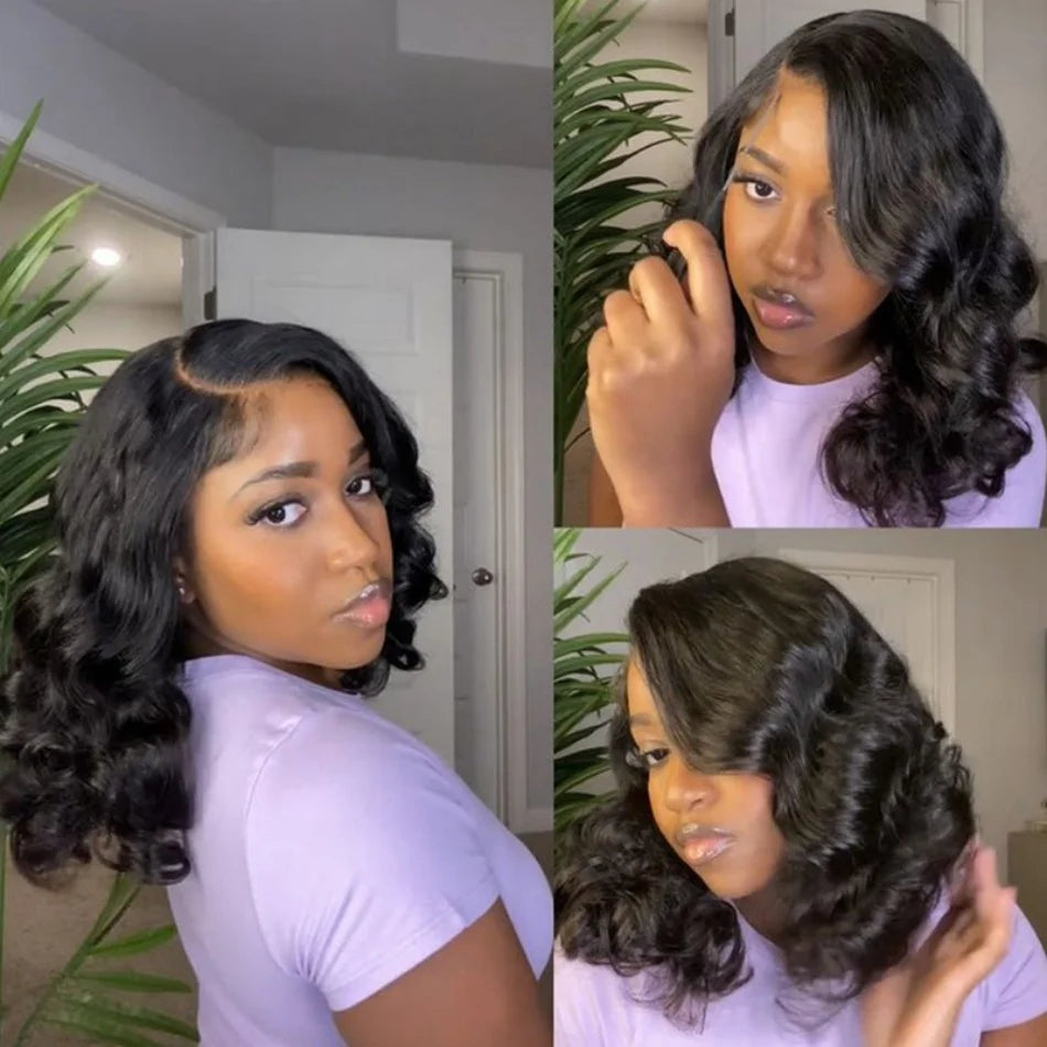 Black Body Wave Bob 13x4 Lace Front Wig (4x4 Closure Option) – 100% Human Hair, Pre-Plucked, Transparent Lace