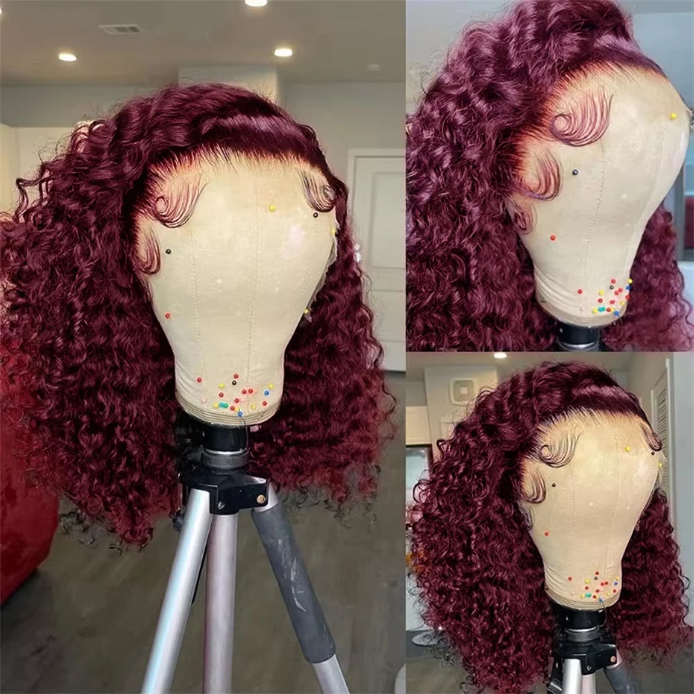 Burgundy 99J Deep Wave Bob Human Hair Wig – 13x6 / 13x4 HD Lace Front Glueless Short Curly Wig