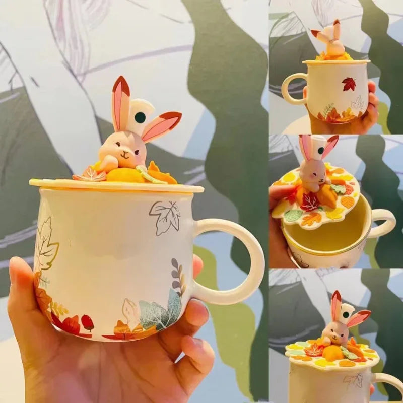 Autumn Forest Animal Ceramic Mug with Lid – Cute Fox, Rabbit & Squirrel Cup