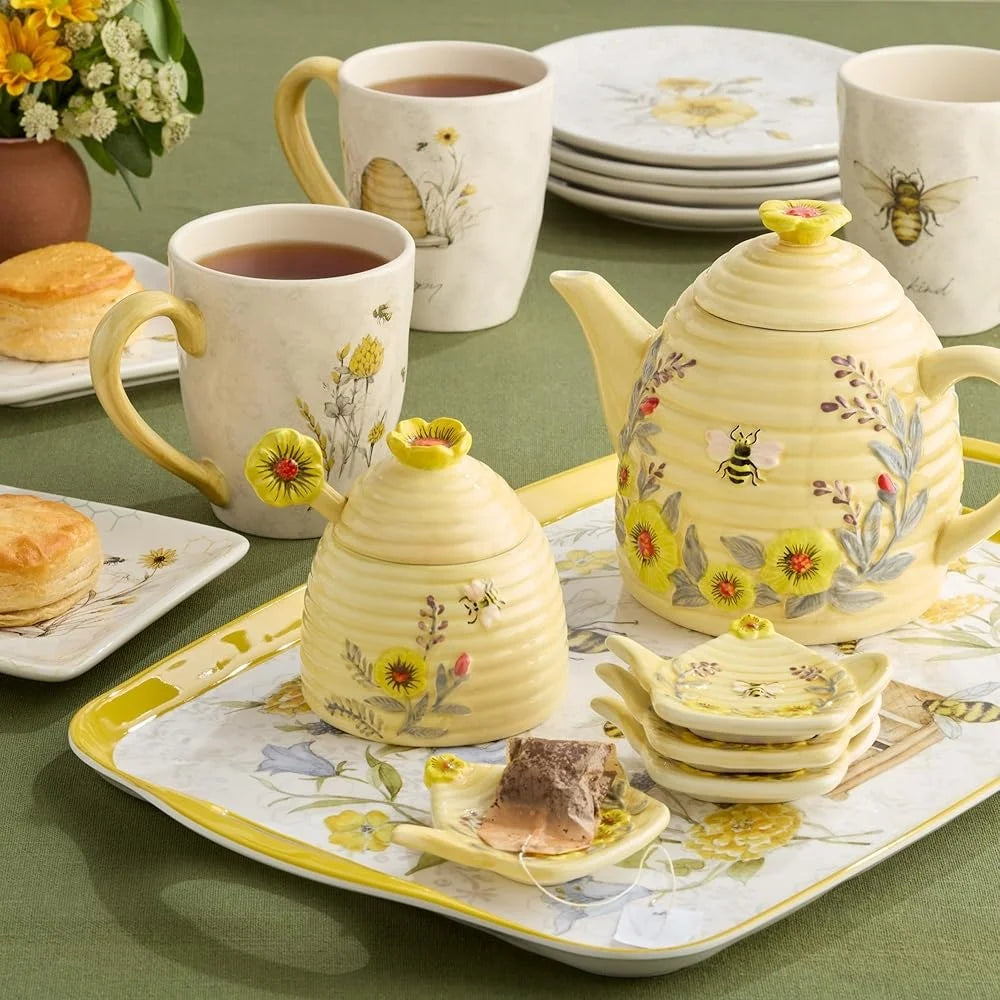 Floral Bee Ceramic Dinner Plates Set of 4 – 10.75" Nature-Inspired Tableware, Dishwasher Safe
