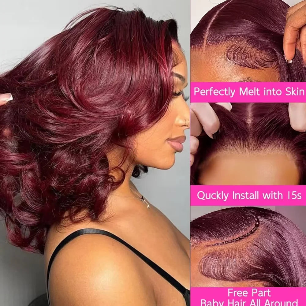 Brazilian 230% 99J Bouncy Curly Bob 13x4 HD Lace99J Burgundy Curly Bob 13x4 HD Lace Front Human Hair Wig (230% Density) Front Human Hair Wigs 99J Burgundy Body Wave Bob Wig Short Curly Human Hair Wig