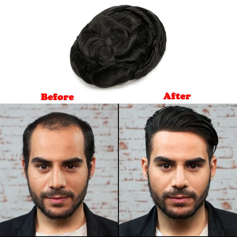 Men Toupee Wig Natural Hairline V Loop Thin Skin | Remy Human Hair System 0.03mm
