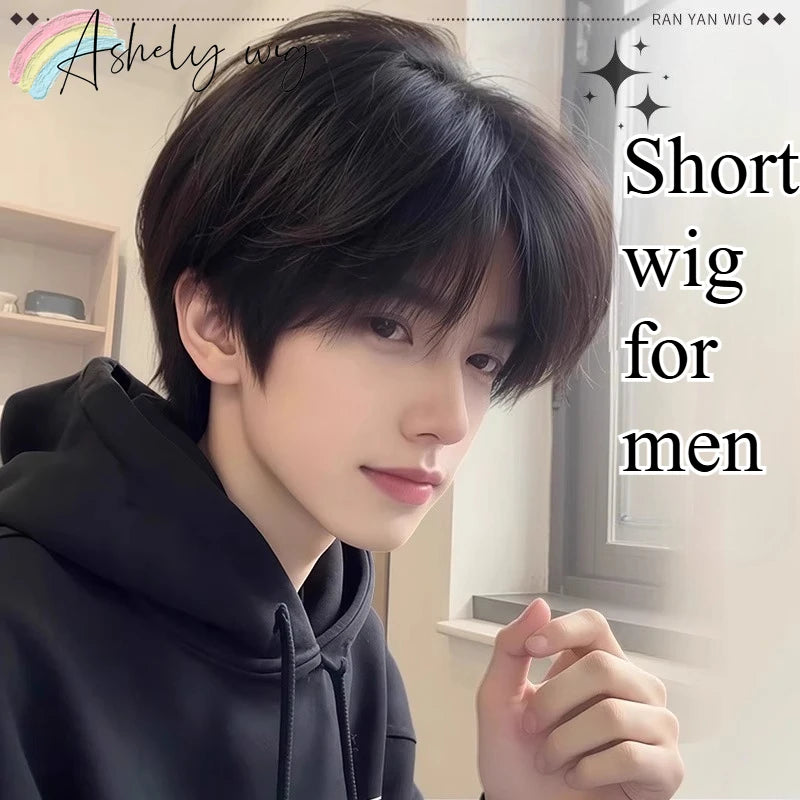 Men's Short Headband Wig – Straight Synthetic, 180% Density, 6 Inch