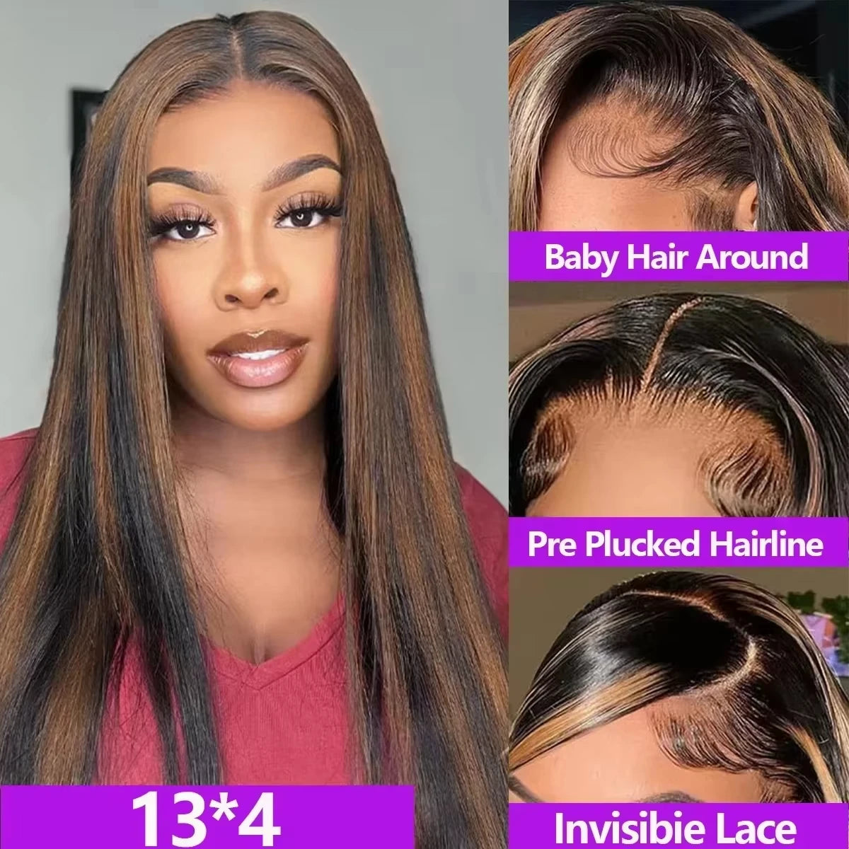 200% Density Bone Straight Highlight Lace Front Human Hair Wig 13x6 HD