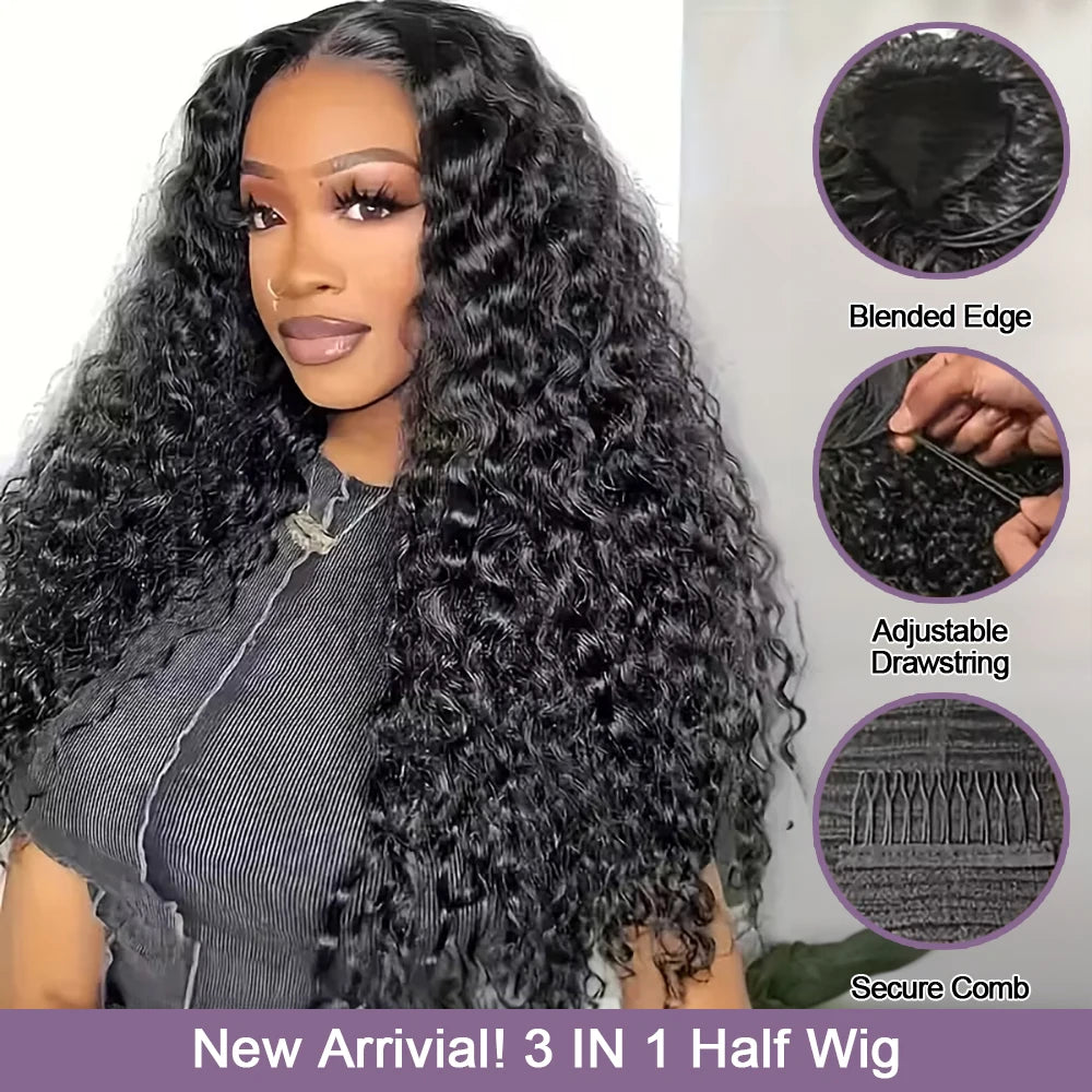 3-in-1 Drawstring Glueless Half Wig (Flip-Over Part) | 100% Remy Human Hair | Deep Wave Water Curly 18–24"