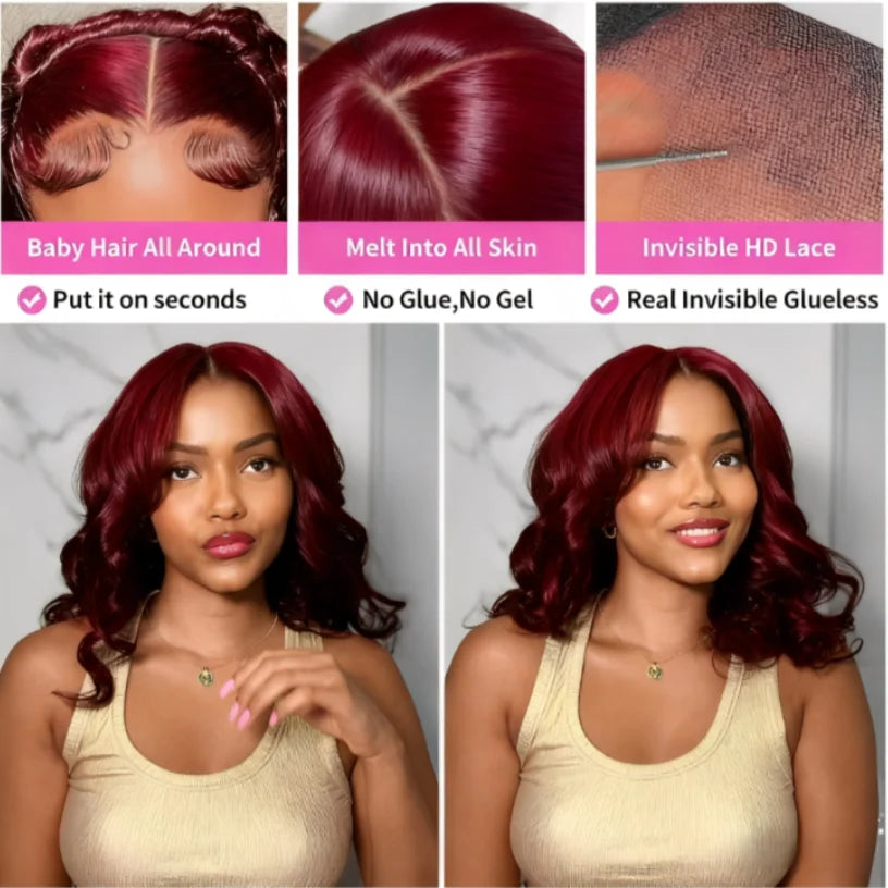 Brazilian 230% 99J Bouncy Curly Bob 13x4 HD Lace99J Burgundy Curly Bob 13x4 HD Lace Front Human Hair Wig (230% Density) Front Human Hair Wigs 99J Burgundy Body Wave Bob Wig Short Curly Human Hair Wig