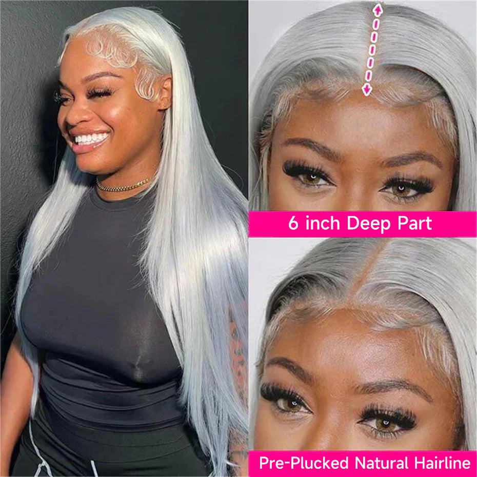 Transparent 13x6 Silver Grey Body Wave Human Hair Lace Front Wig – Pre-Plucked, 250–300% Density, Long Remy Brazilian Hair