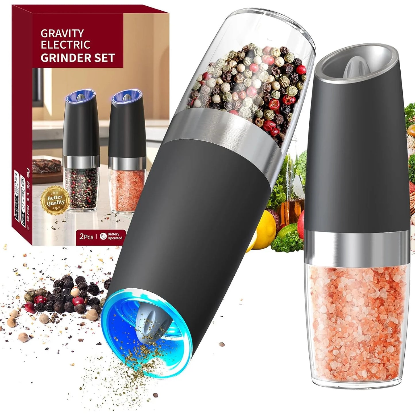 2-Piece Automatic Electric Seasoning Grinder Set – Adjustable Coarseness, Battery Powered