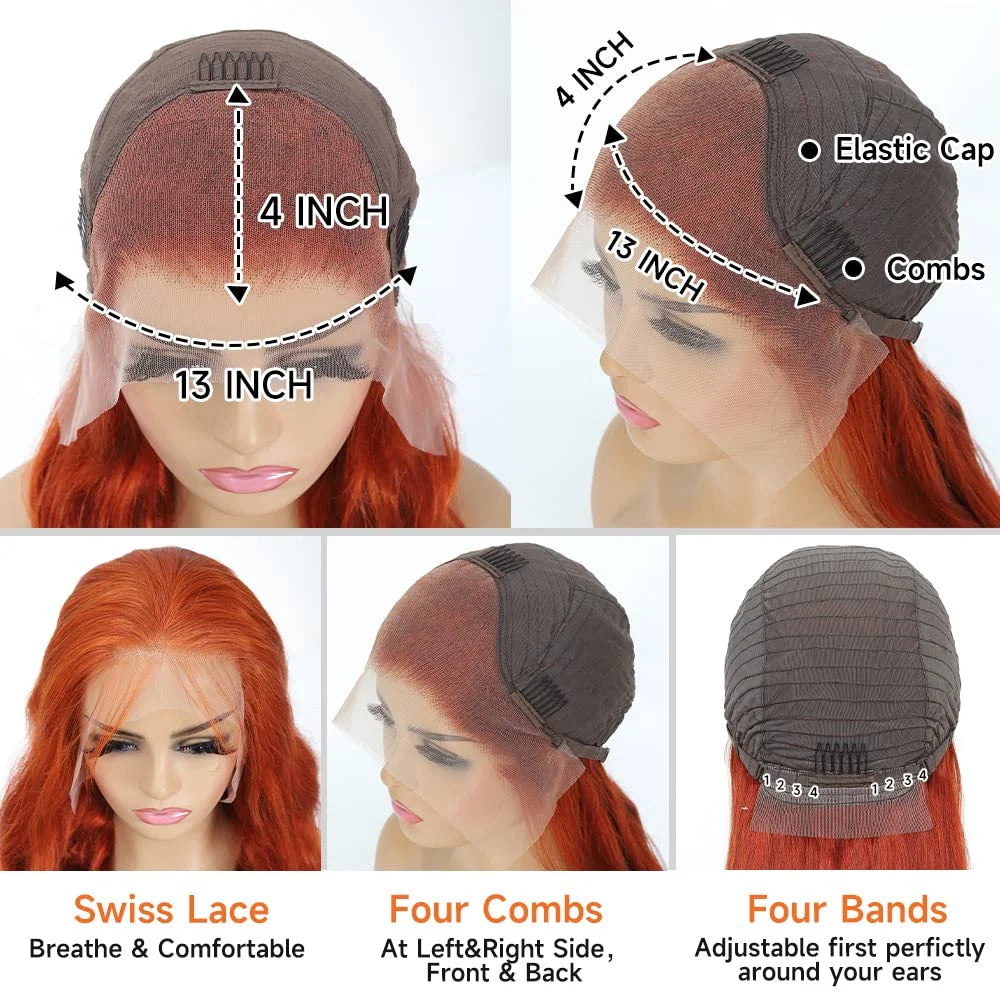 Ginger Orange 13x6 HD Lace Front Body Wave Human Hair Wig (30") – 200% Density, Pre-Plucked Hairline