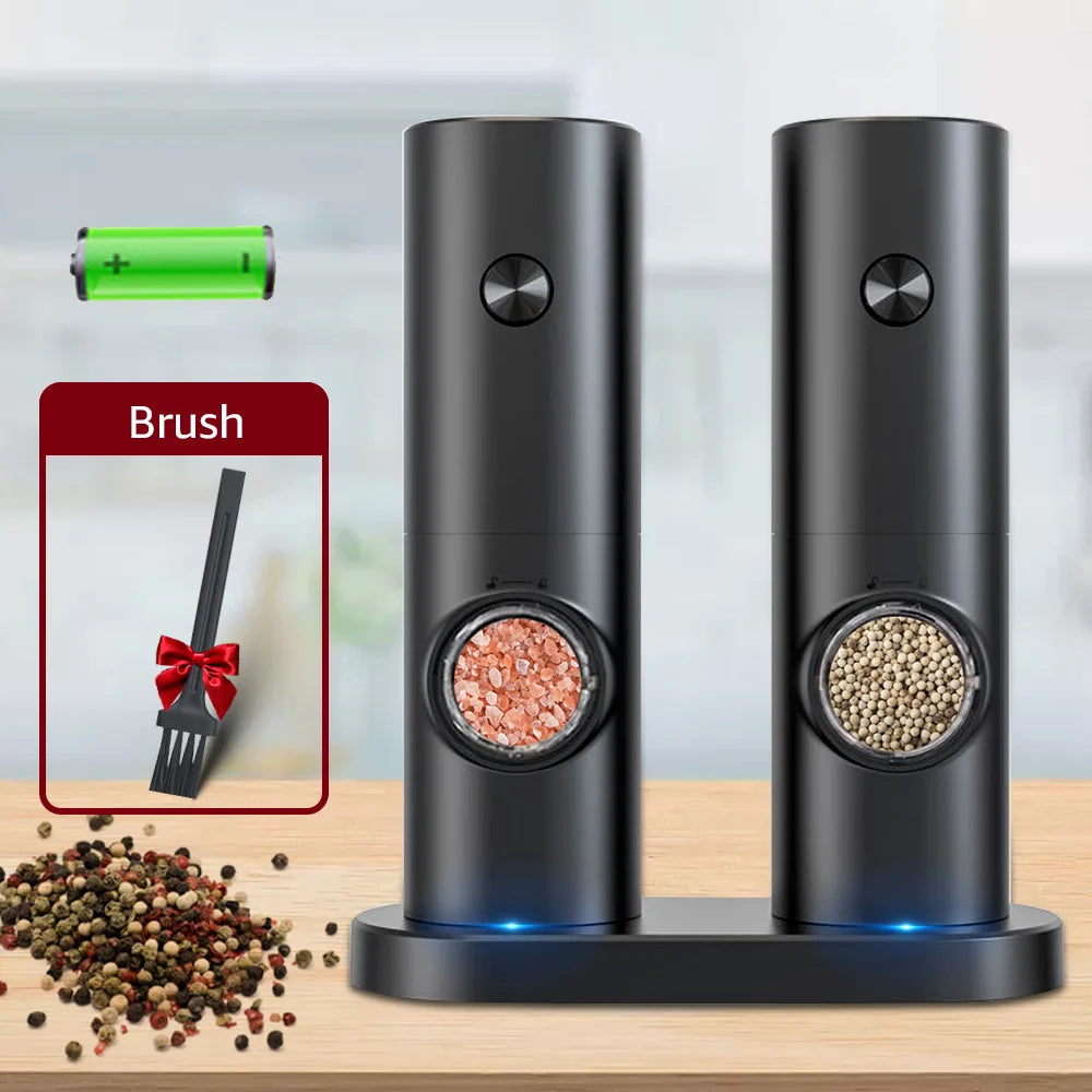 Electric Automatic Salt & Pepper Grinder Set with Base – Battery Powered, LED Light & Adjustable Coarseness