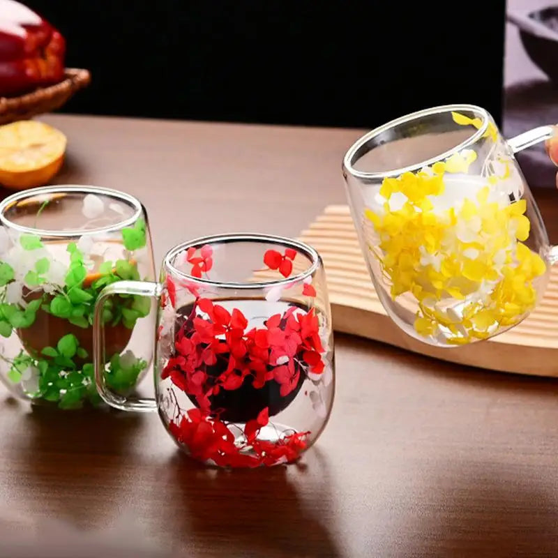 🌸 Double Wall Glass Cup 200ml – Clear Dried Flower Coffee & Tea Mug with Handle