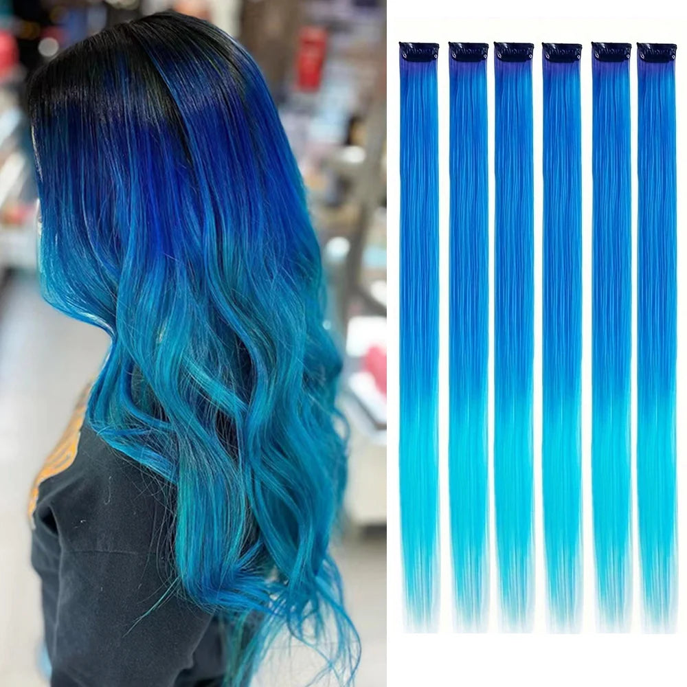 Colored Party Highlight Clip-In Hair Extensions | Synthetic Straight | 6pcs 70g | 22 Inch | Multi-Color