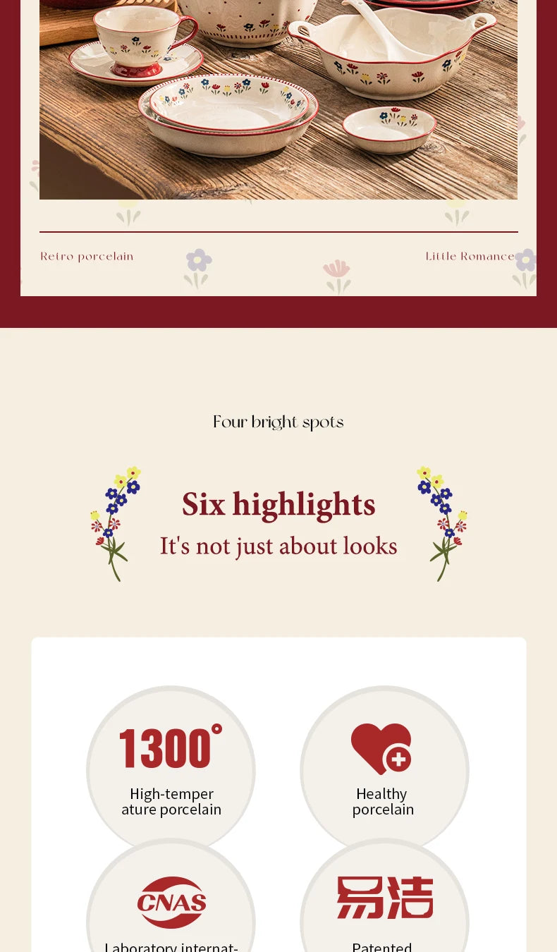 Vintage Floral Ceramic Dinnerware Set – Retro Soup Bowls, Salad & Pasta Plates, Microwave Safe Porcelain Tableware