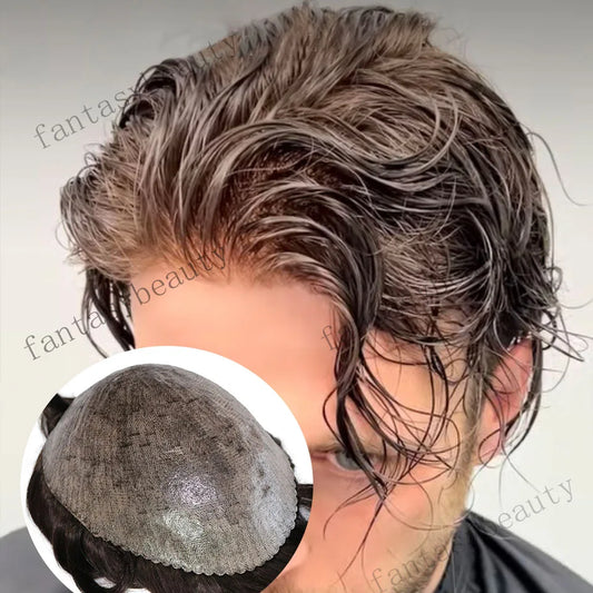 Men's Human Hair Toupee Wig – 30mm Wave, Natural Straight, 0.1mm PU Base