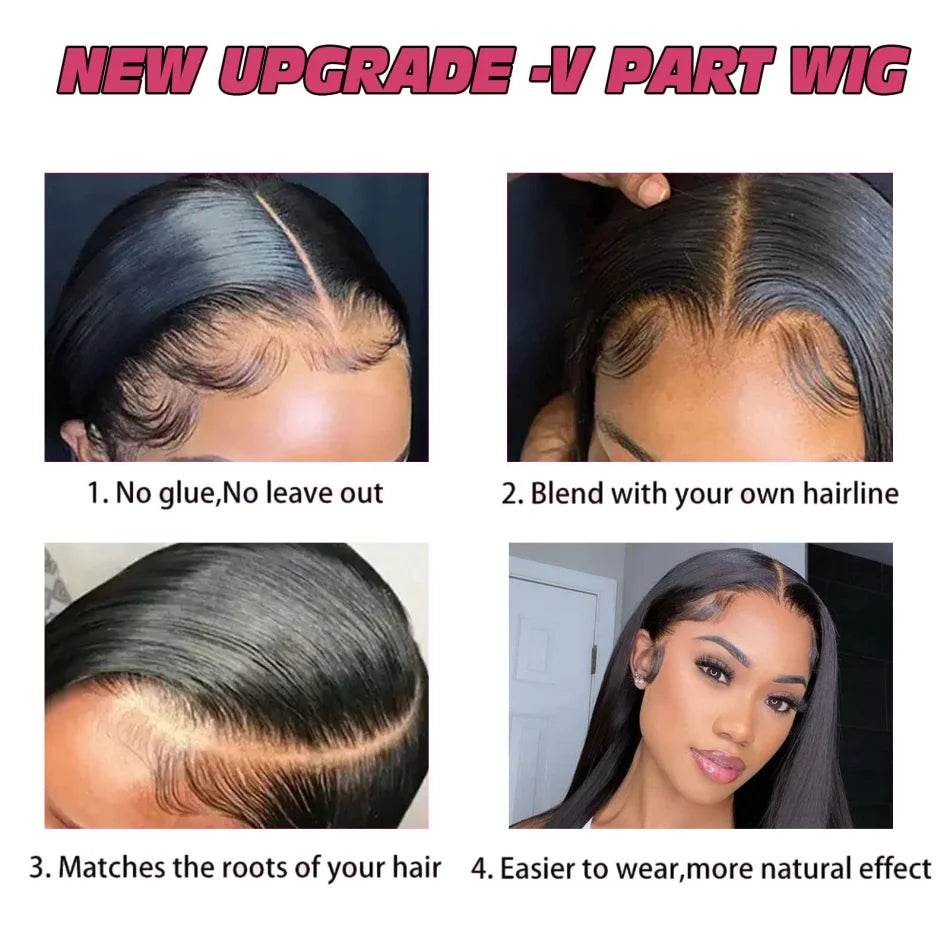 Glueless V Part Straight Human Hair Wig (220% Density, Natural Black, Beginner Friendly, No Leave Out)