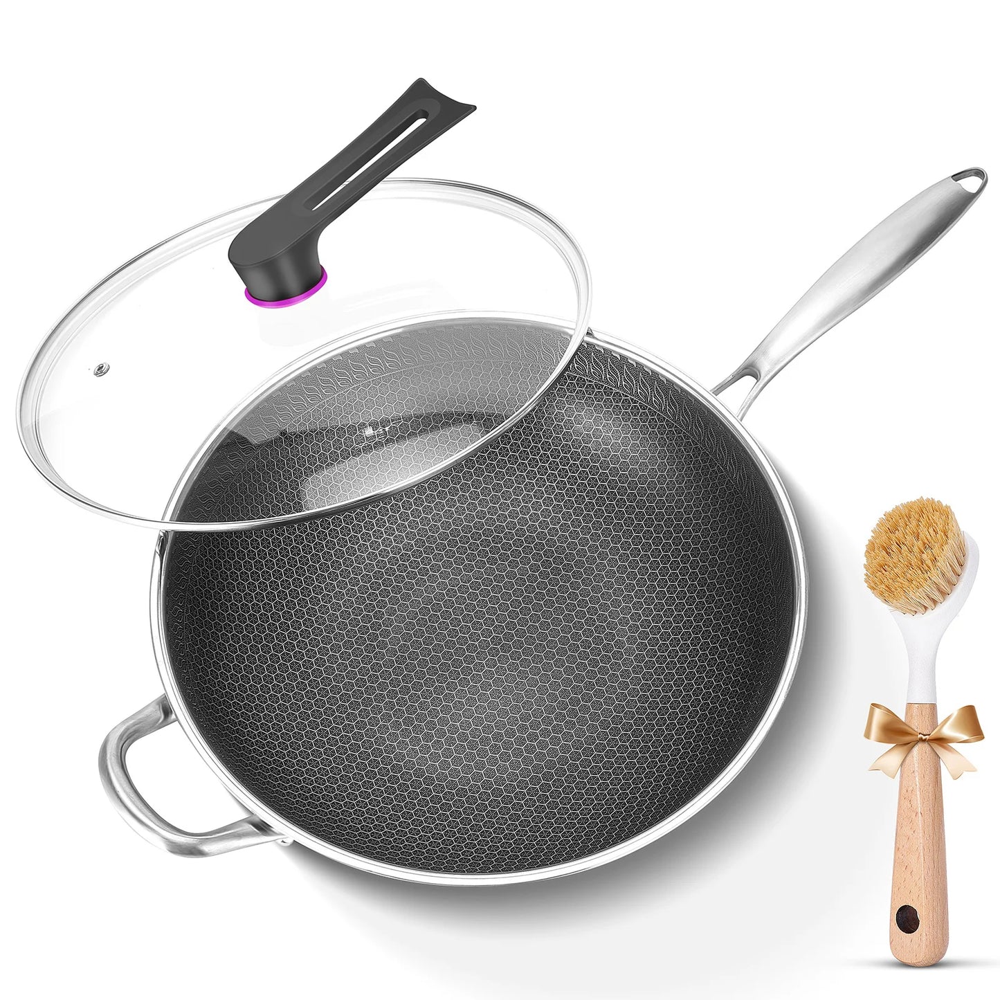 13-Inch Hybrid Stainless Steel Wok with Lid – PFOA-Free Nonstick Cookware