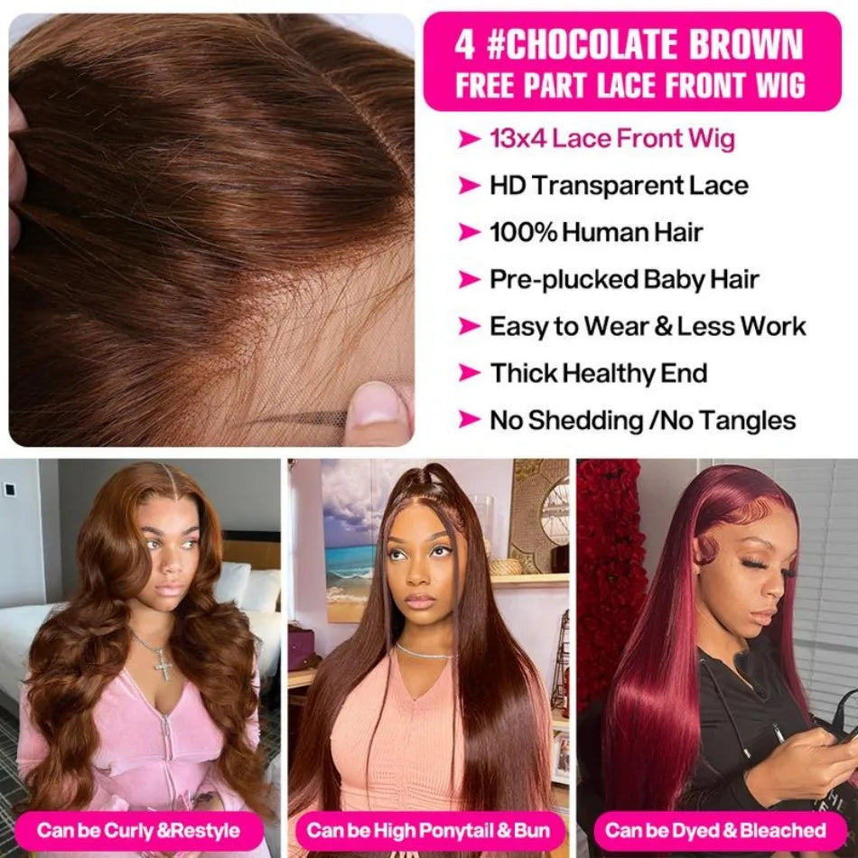 Chocolate Brown 13x6 HD Lace Frontal Body Wave Human Hair Wig (30", Pre-Plucked, Free Parting)