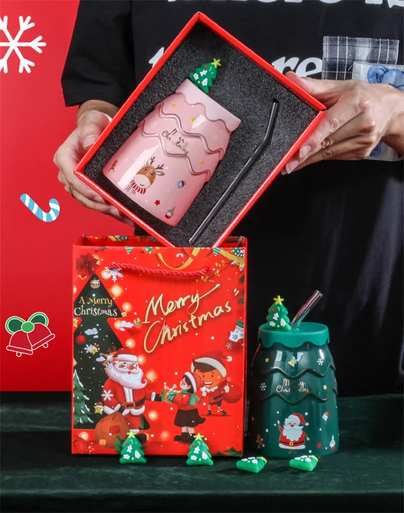 🎅 Christmas Ceramic Mug with Lid & Straw – Santa, Snowman & Tree Design Gift Cup
