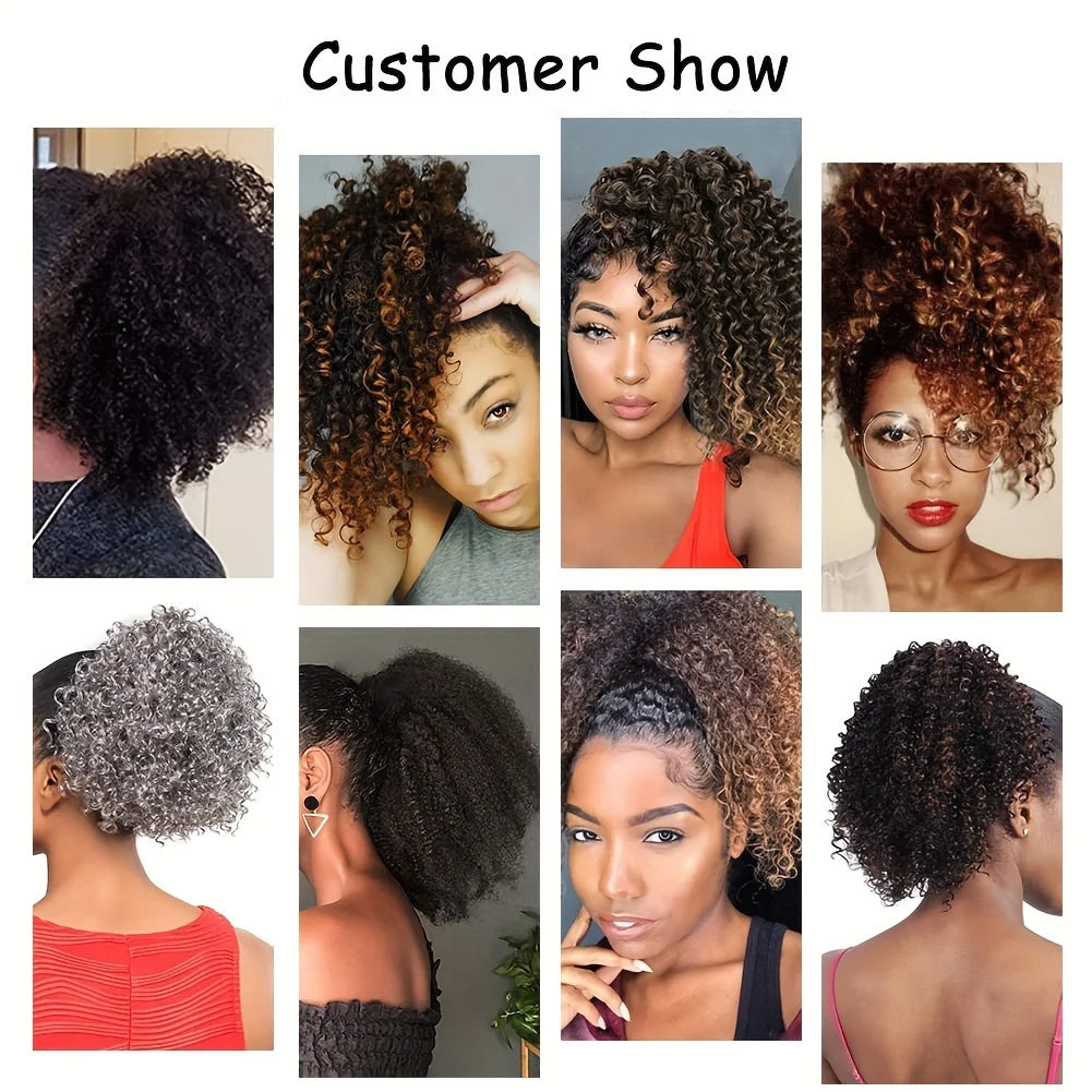 Short Afro Kinky Curly Clip-In Ponytail Extension | Synthetic Hair Piece for Black Women | 10 Inch